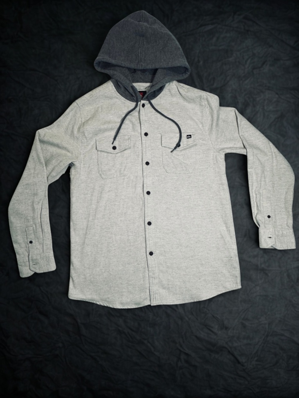 Quiksilver Light Gray Button-Up Hooded Shirt Jacket with Dark Gray Hood